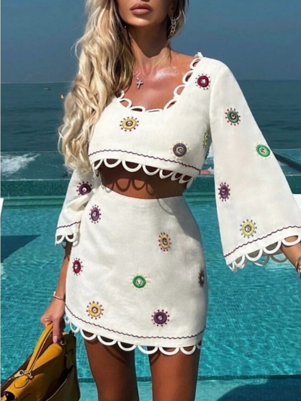 Alexis White Embroidered Mini Skirt with Multicolor Sunburst Motifs